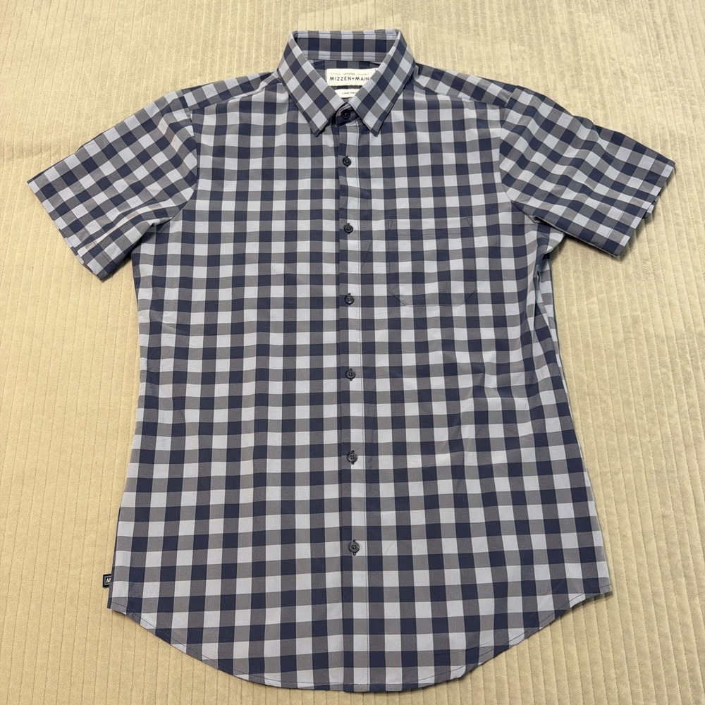 Mizzen+Main Leeward Shirt Men Large purple Plaid Short Sleeve Button Up Trim Fit